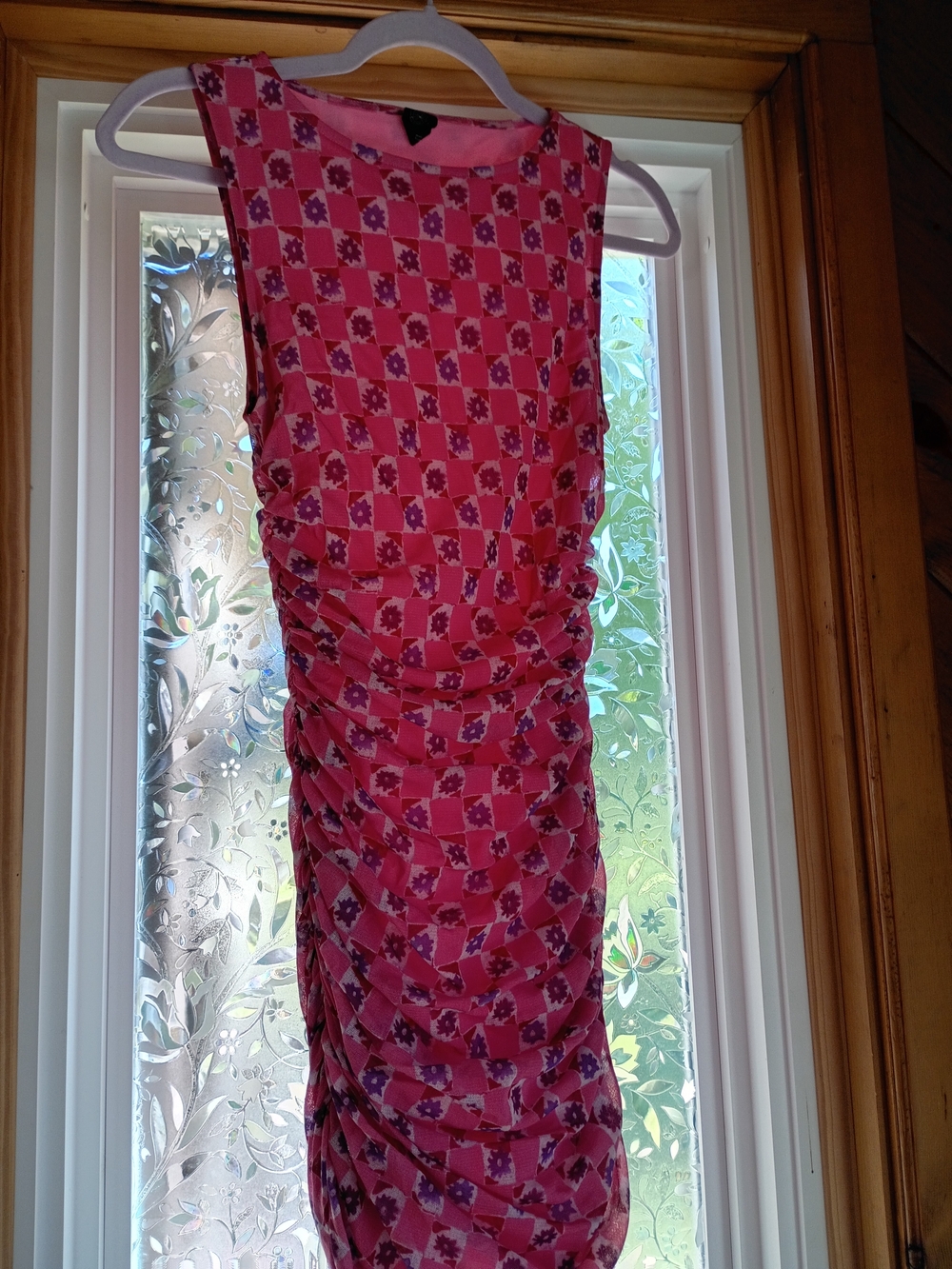 Urban Outfitters UO Pink & Purple Floral Checkered Mesh Ruched Midi Dress Size M